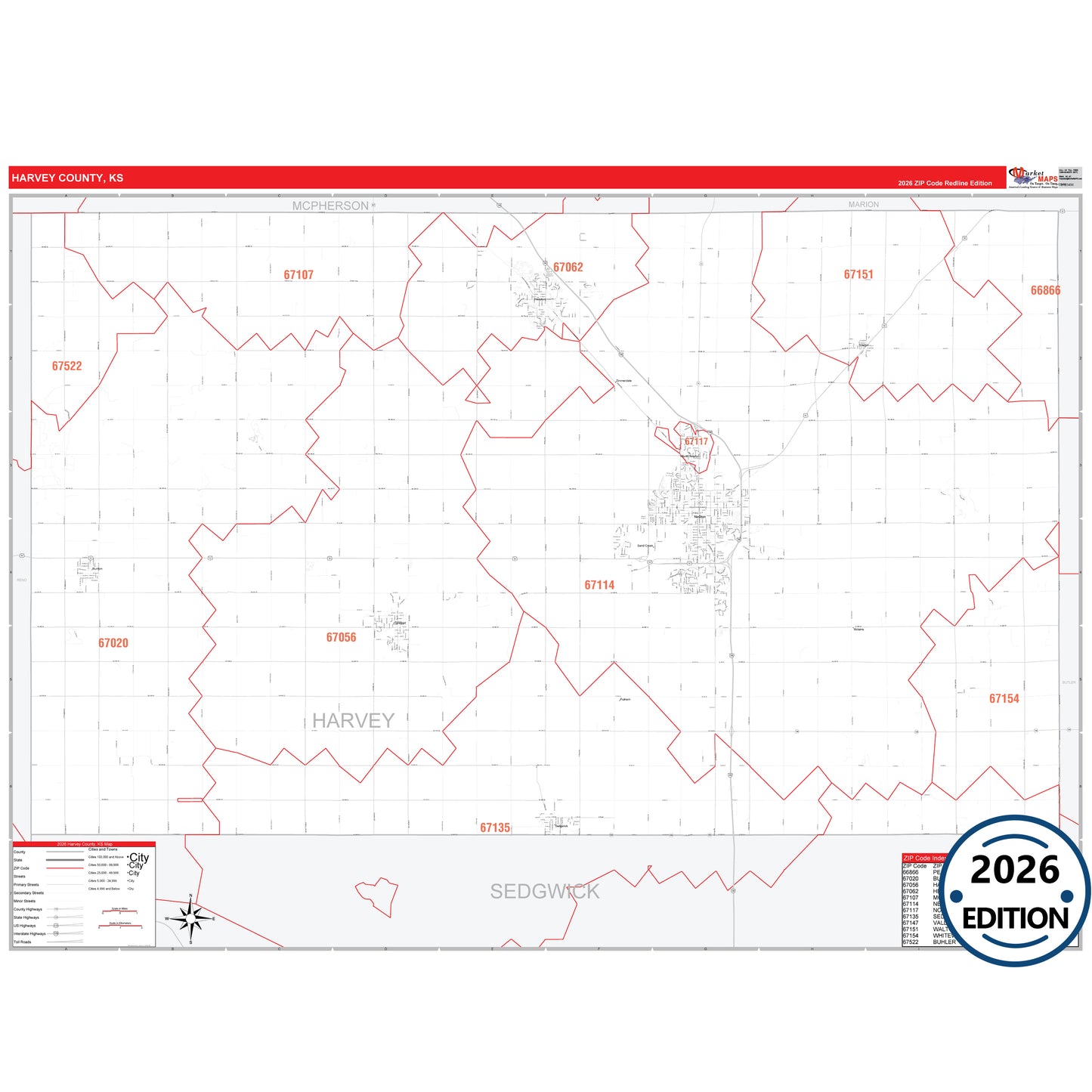 Harvey County, KS Red Line 5 Digit ZIP Code Wall Map