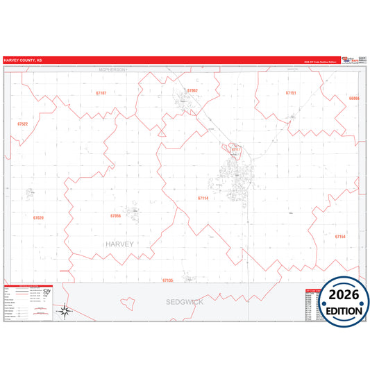 Harvey County, KS Red Line 5 Digit ZIP Code Wall Map