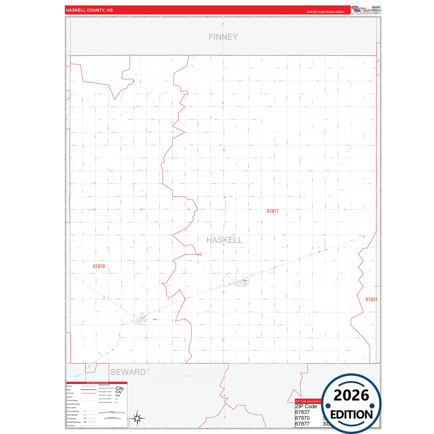 Haskell County, KS Red Line 5 Digit ZIP Code Wall Map