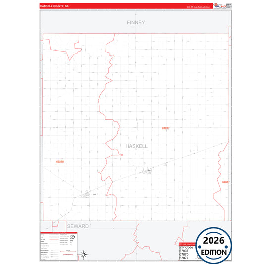 Haskell County, KS Red Line 5 Digit ZIP Code Wall Map