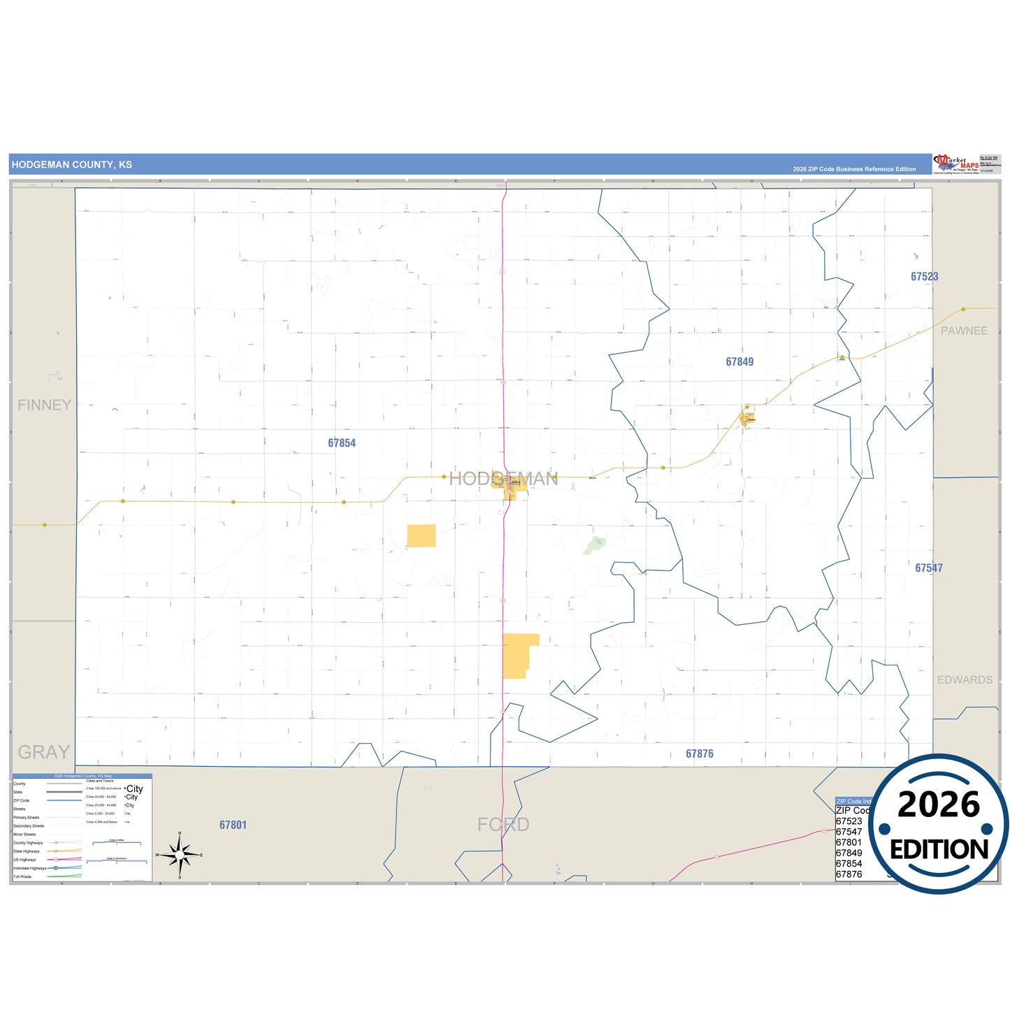 Hodgeman County, KS Business Reference 5 Digit ZIP Code Wall Map