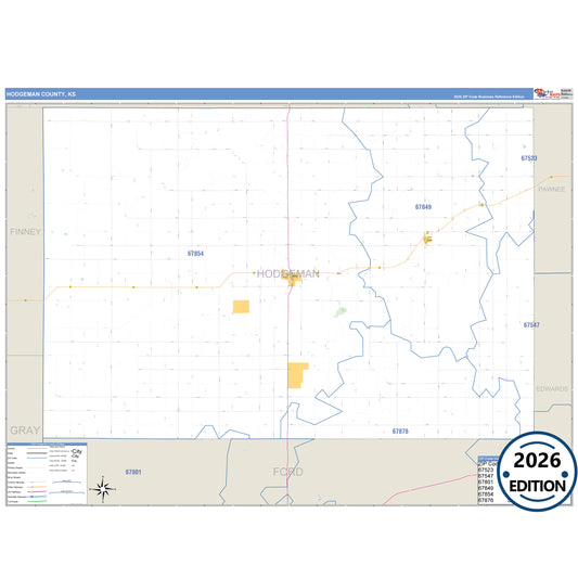 Hodgeman County, KS Business Reference 5 Digit ZIP Code Wall Map