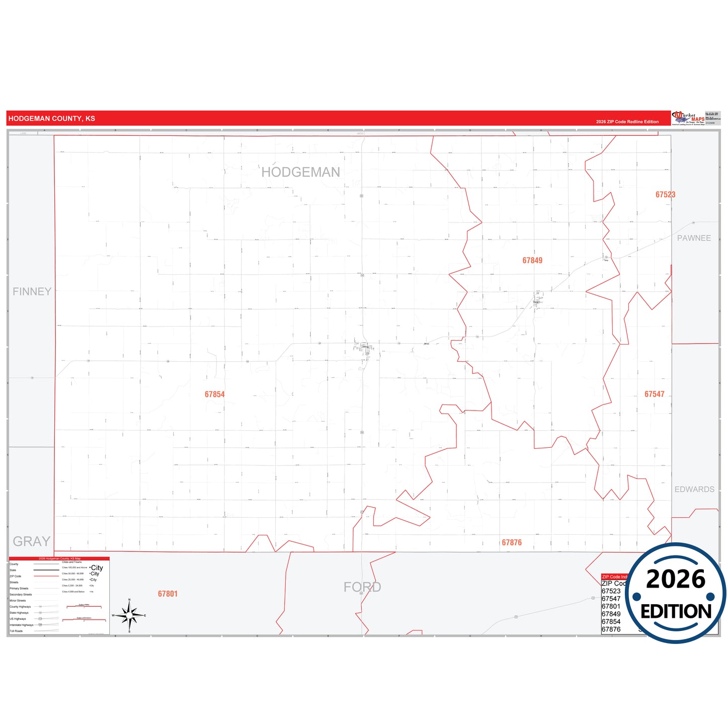 Hodgeman County, KS Red Line 5 Digit ZIP Code Wall Map