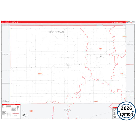 Hodgeman County, KS Red Line 5 Digit ZIP Code Wall Map