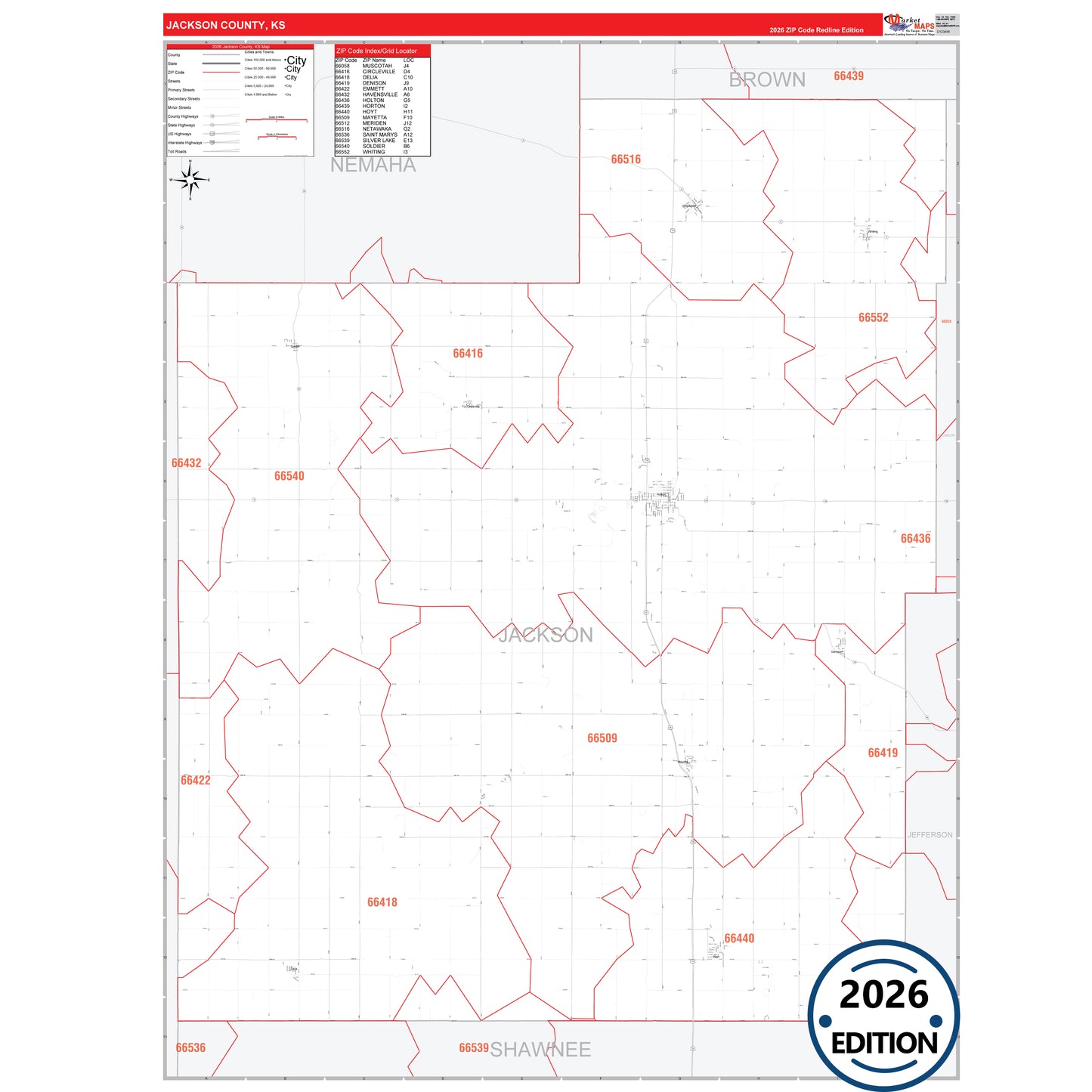Jackson County, KS Red Line 5 Digit ZIP Code Wall Map