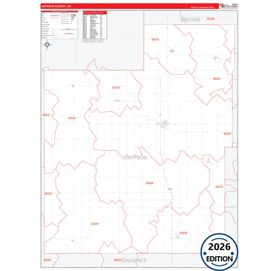 Jackson County, KS Red Line 5 Digit ZIP Code Wall Map