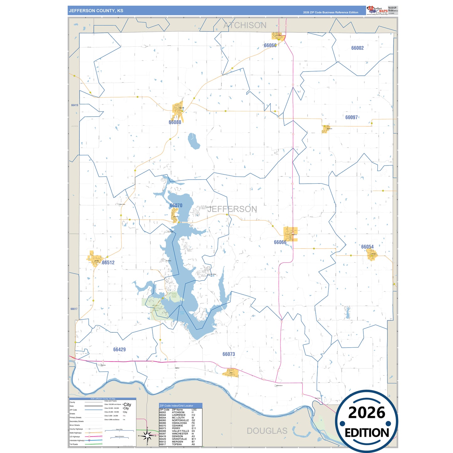 Jefferson County, KS Business Reference 5 Digit ZIP Code Wall Map