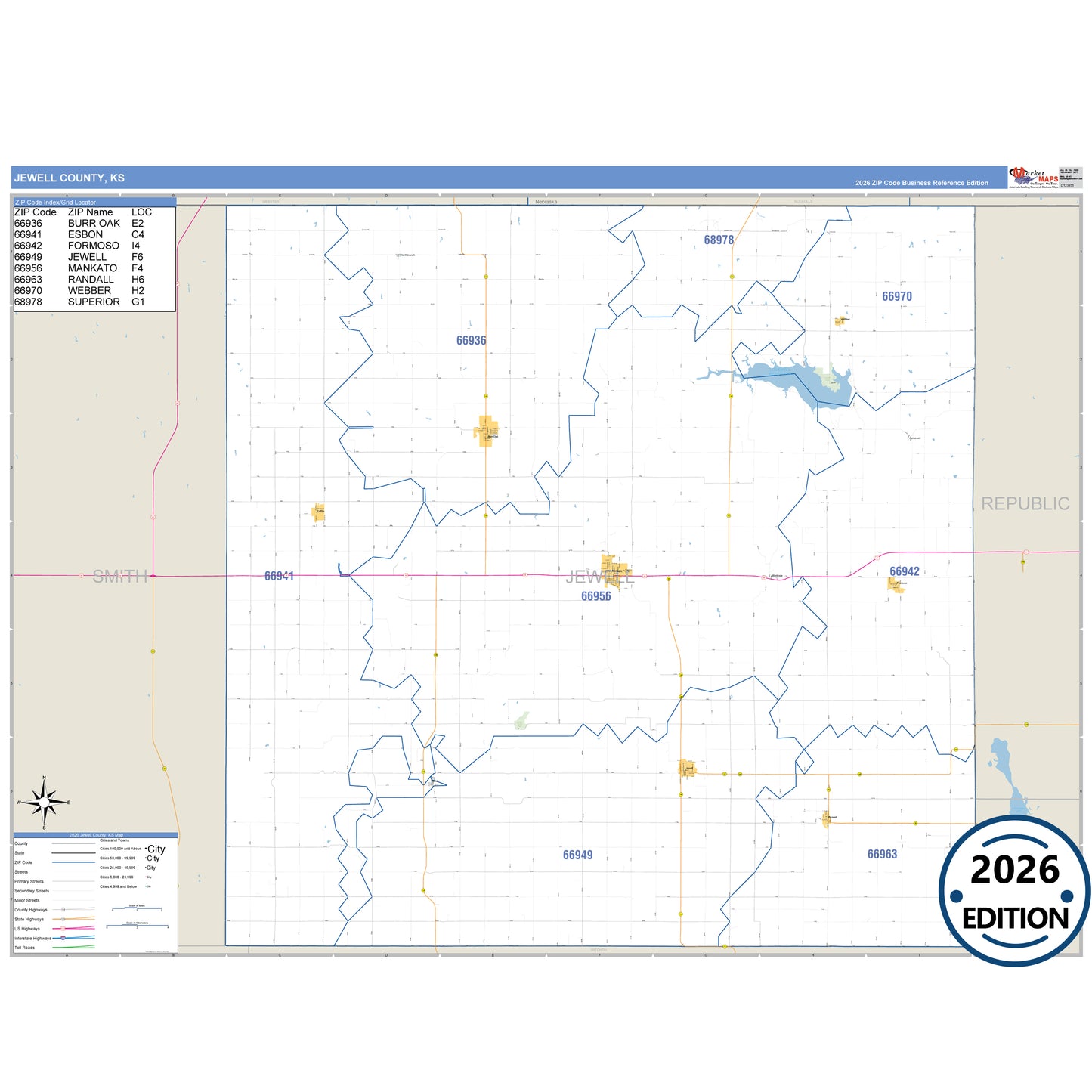 Jewell County, KS Business Reference 5 Digit ZIP Code Wall Map