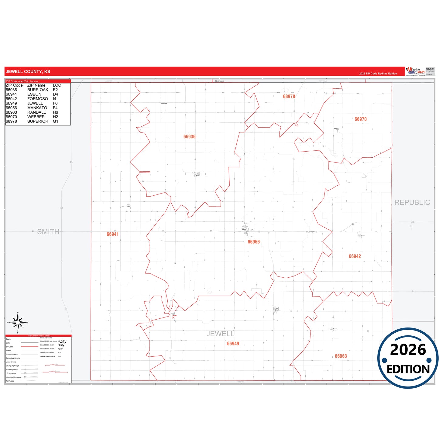 Jewell County, KS Red Line 5 Digit ZIP Code Wall Map