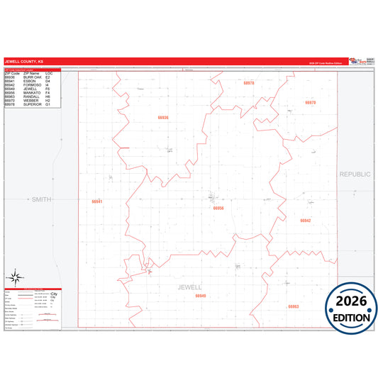 Jewell County, KS Red Line 5 Digit ZIP Code Wall Map