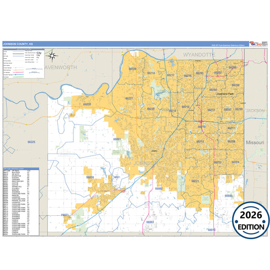 Johnson County, KS Business Reference 5 Digit ZIP Code Wall Map