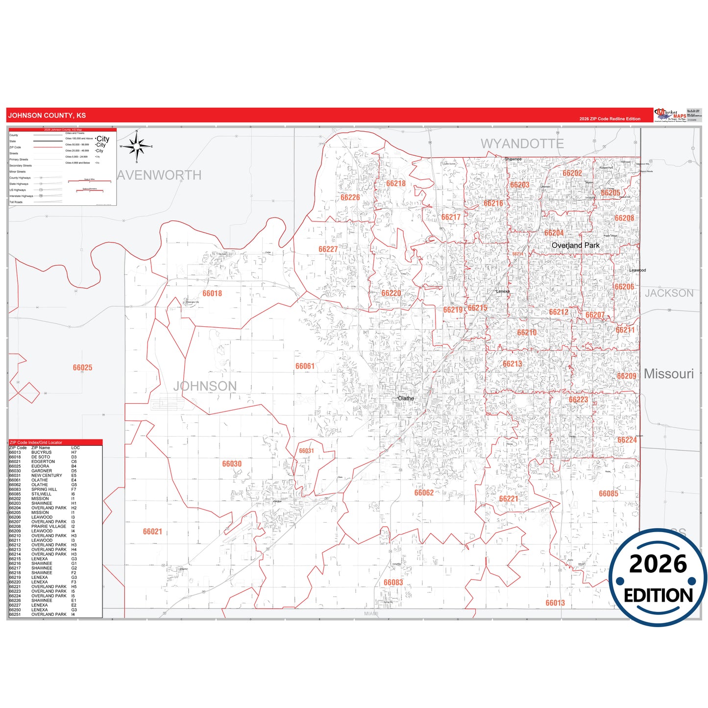 Johnson County, KS Red Line 5 Digit ZIP Code Wall Map