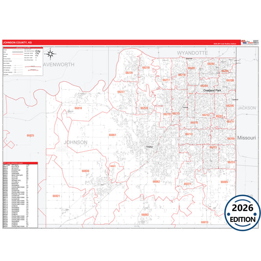 Johnson County, KS Red Line 5 Digit ZIP Code Wall Map