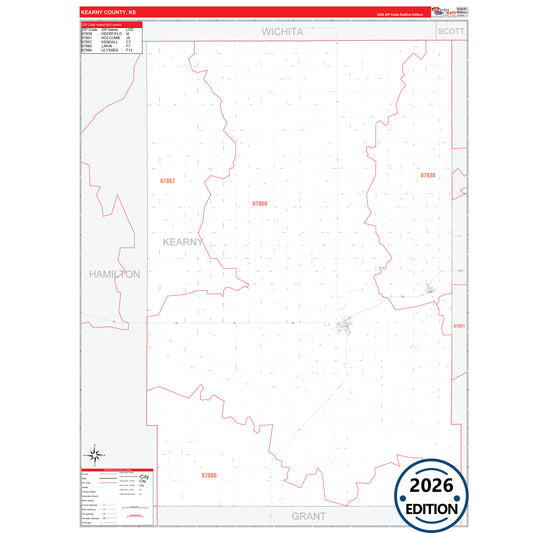 Kearny County, KS Red Line 5 Digit ZIP Code Wall Map