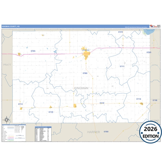 Kingman County, KS Business Reference 5 Digit ZIP Code Wall Map