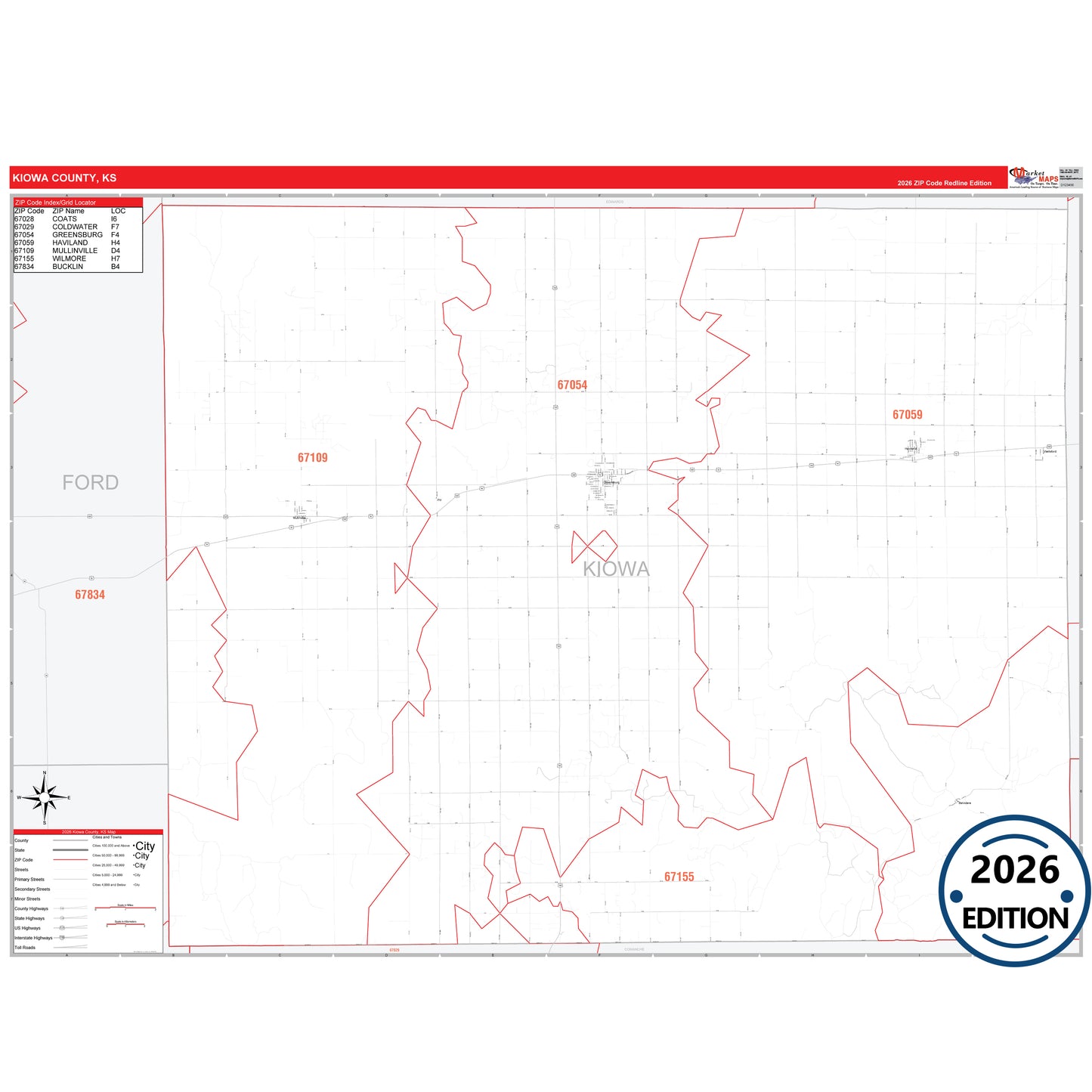 Kiowa County, KS Red Line 5 Digit ZIP Code Wall Map