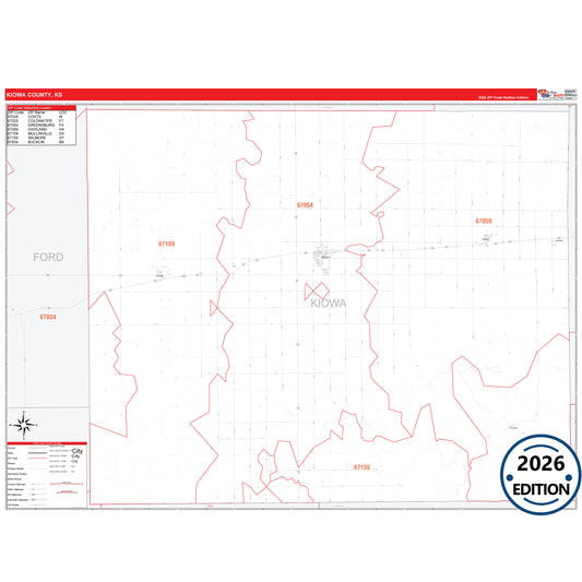 Kiowa County, KS Red Line 5 Digit ZIP Code Wall Map