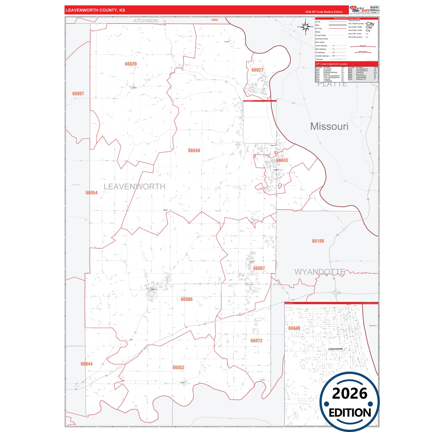 Leavenworth County, KS Red Line 5 Digit ZIP Code Wall Map