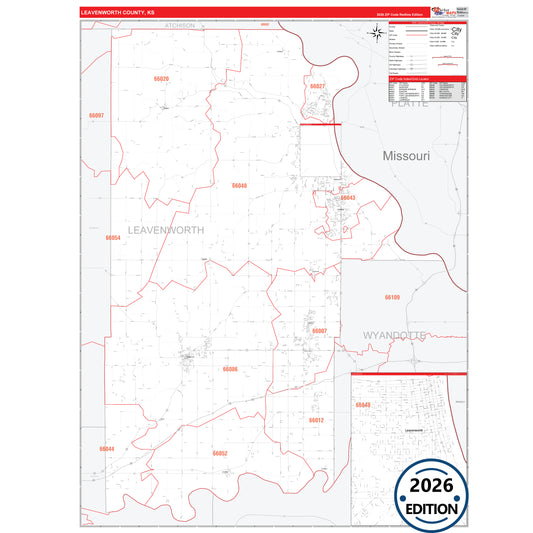 Leavenworth County, KS Red Line 5 Digit ZIP Code Wall Map