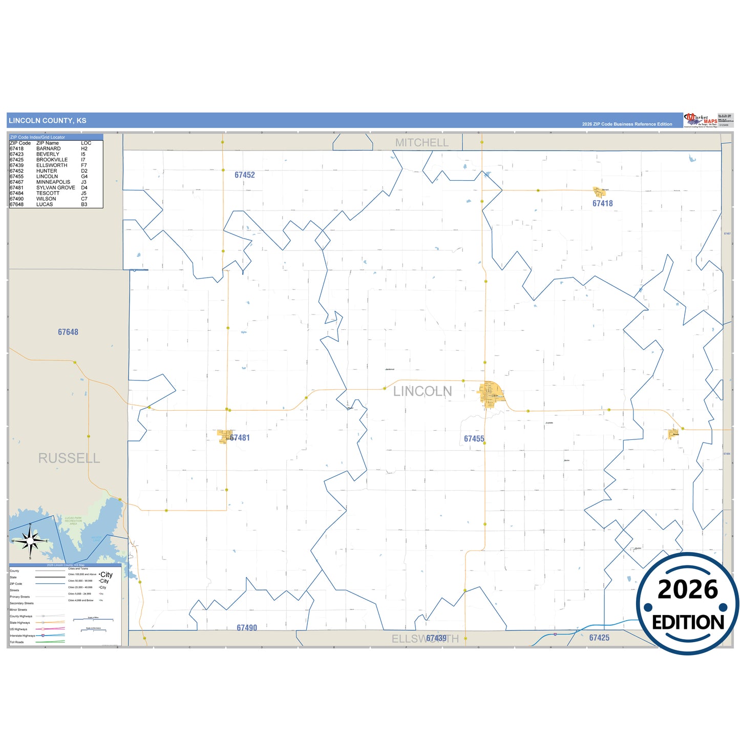 Lincoln County, KS Business Reference 5 Digit ZIP Code Wall Map