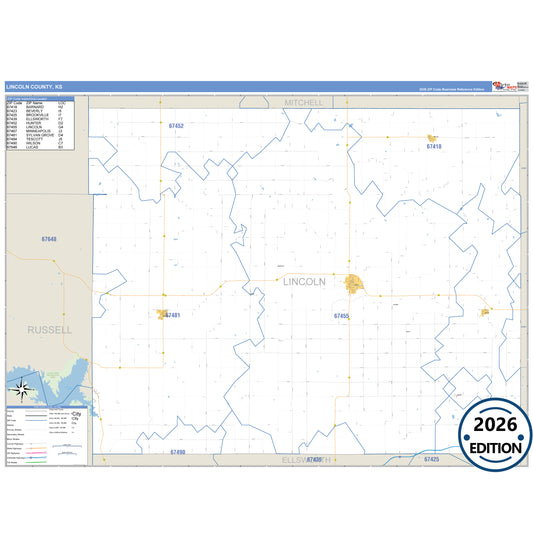 Lincoln County, KS Business Reference 5 Digit ZIP Code Wall Map