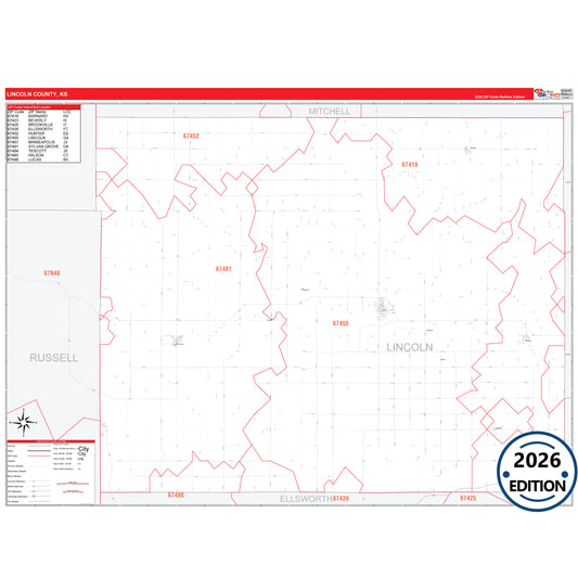 Lincoln County, KS Red Line 5 Digit ZIP Code Wall Map