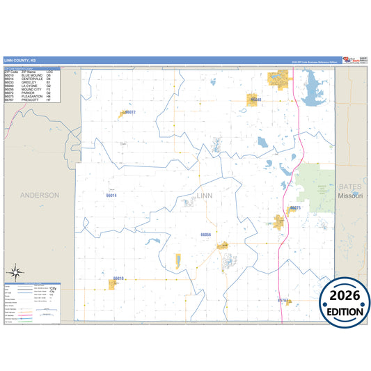 Linn County, KS Business Reference 5 Digit ZIP Code Wall Map