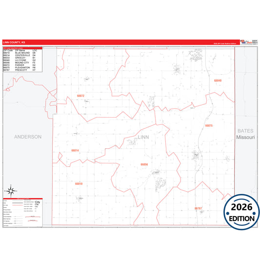 Linn County, KS Red Line 5 Digit ZIP Code Wall Map