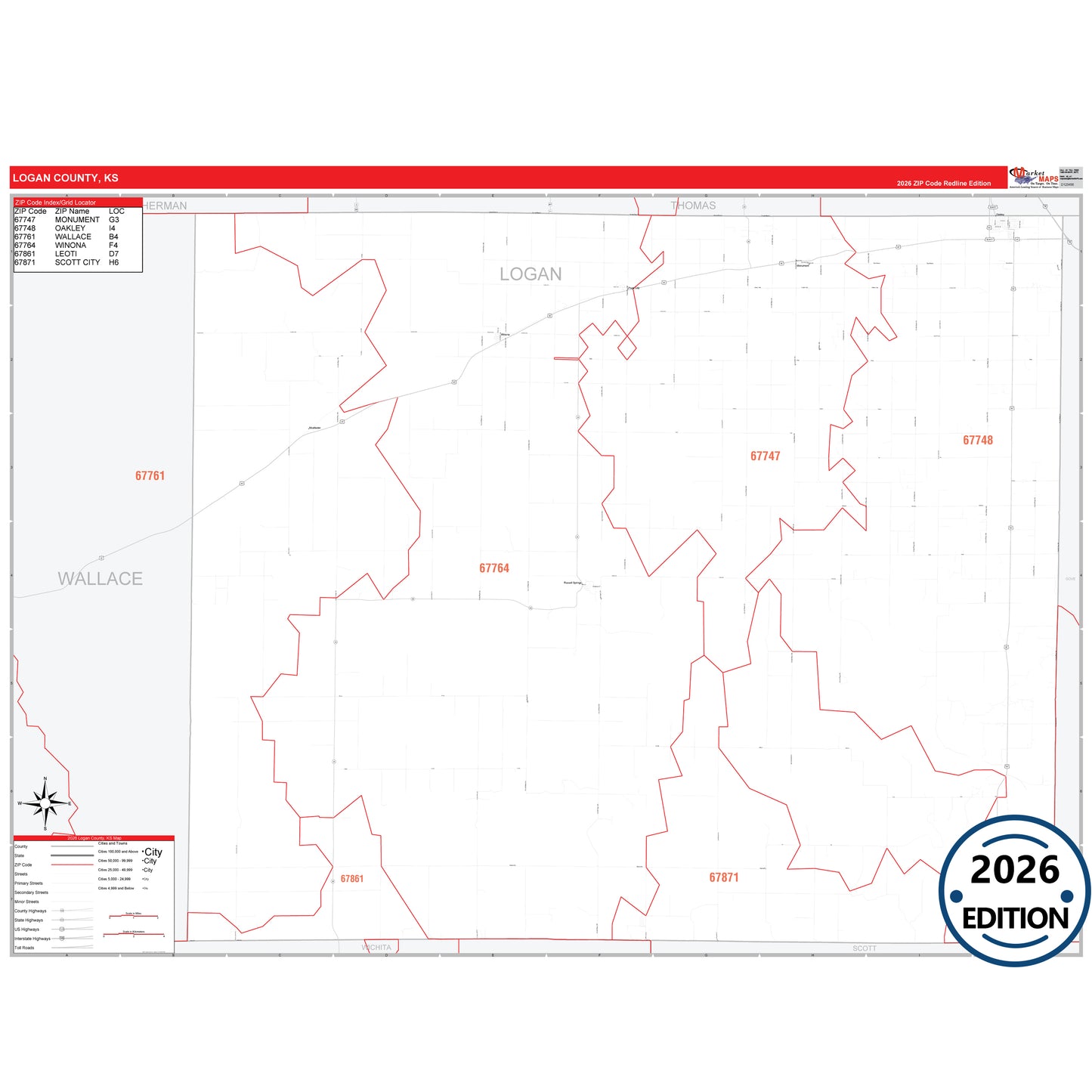 Logan County, KS Red Line 5 Digit ZIP Code Wall Map