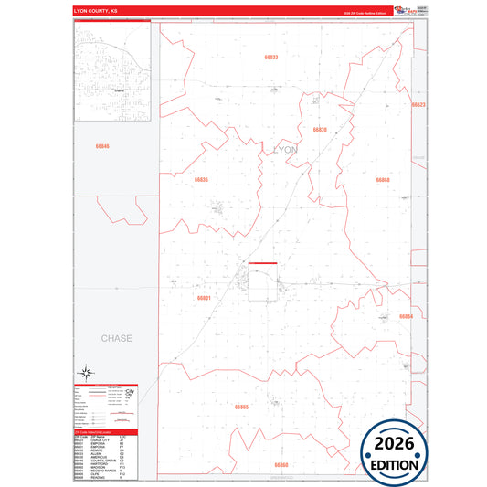 Lyon County, KS Red Line 5 Digit ZIP Code Wall Map