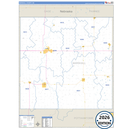 Marshall County, KS Business Reference 5 Digit ZIP Code Wall Map