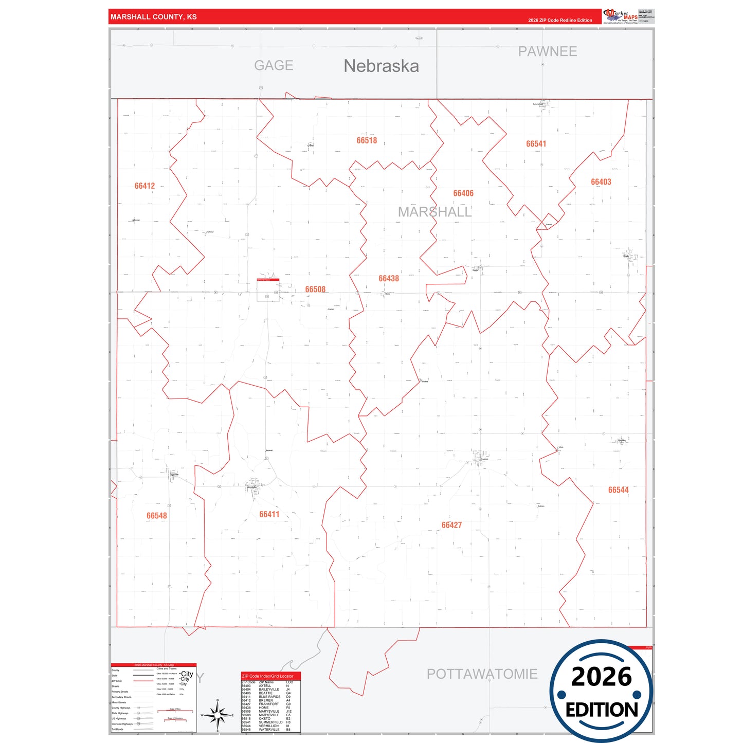 Marshall County, KS Red Line 5 Digit ZIP Code Wall Map