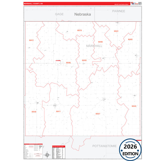 Marshall County, KS Red Line 5 Digit ZIP Code Wall Map