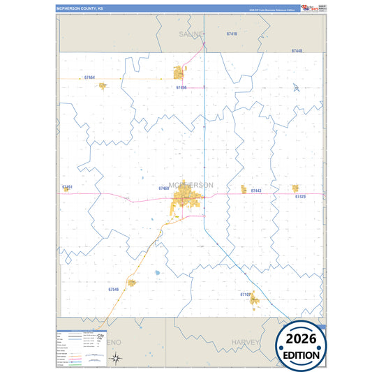 McPherson County, KS Business Reference 5 Digit ZIP Code Wall Map