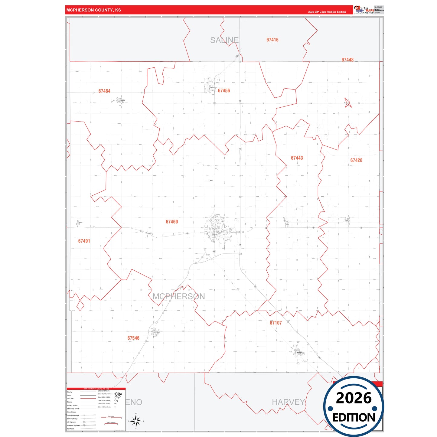 McPherson County, KS Red Line 5 Digit ZIP Code Wall Map