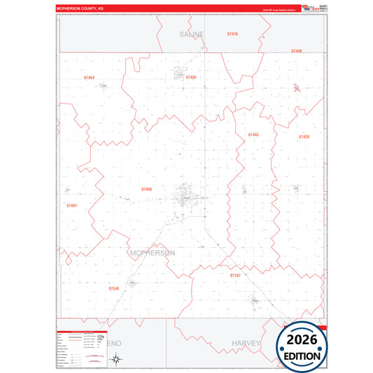 McPherson County, KS Red Line 5 Digit ZIP Code Wall Map