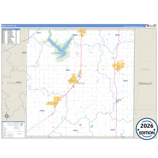 Miami County, KS Business Reference 5 Digit ZIP Code Wall Map