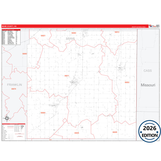 Miami County, KS Red Line 5 Digit ZIP Code Wall Map