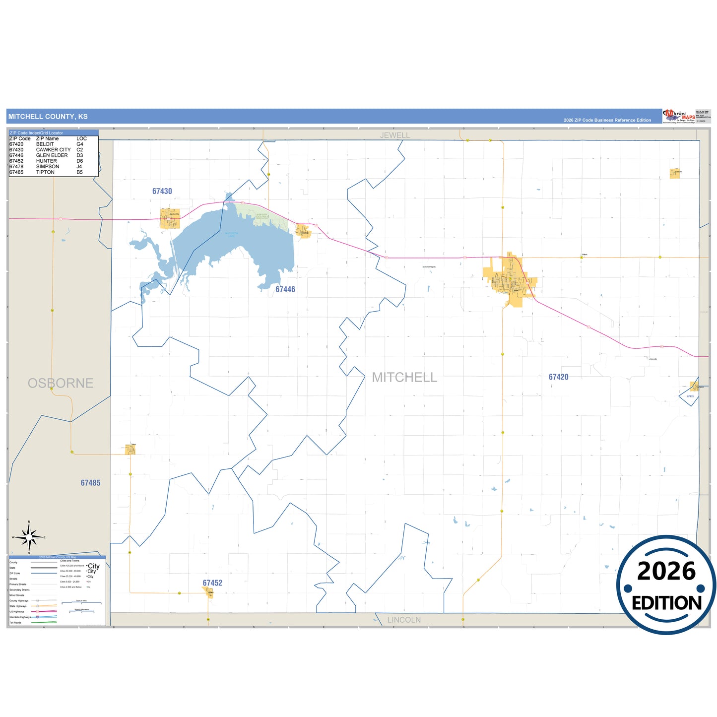 Mitchell County, KS Business Reference 5 Digit ZIP Code Wall Map