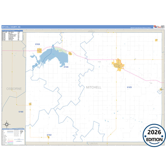 Mitchell County, KS Business Reference 5 Digit ZIP Code Wall Map