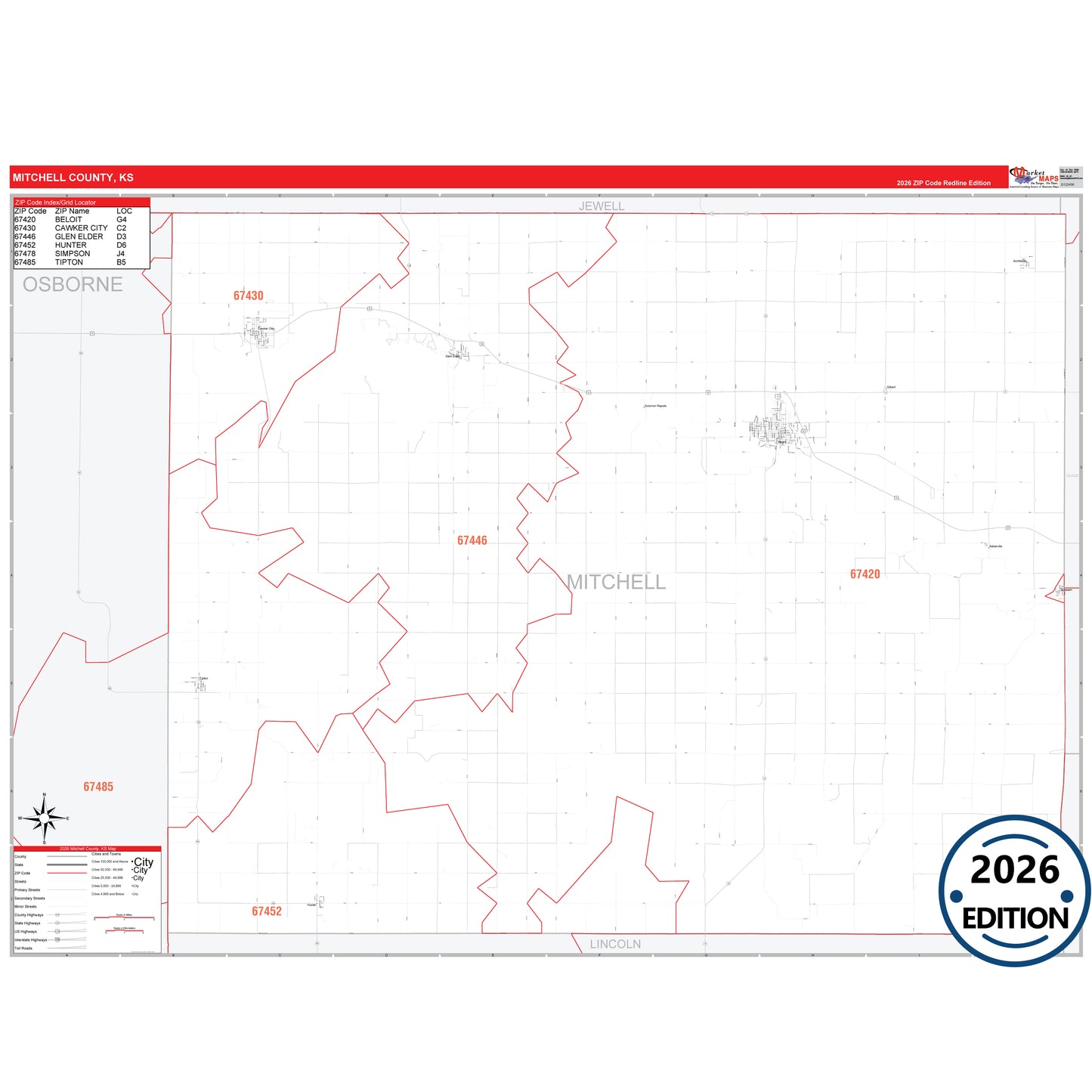 Mitchell County, KS Red Line 5 Digit ZIP Code Wall Map