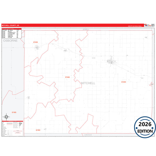 Mitchell County, KS Red Line 5 Digit ZIP Code Wall Map