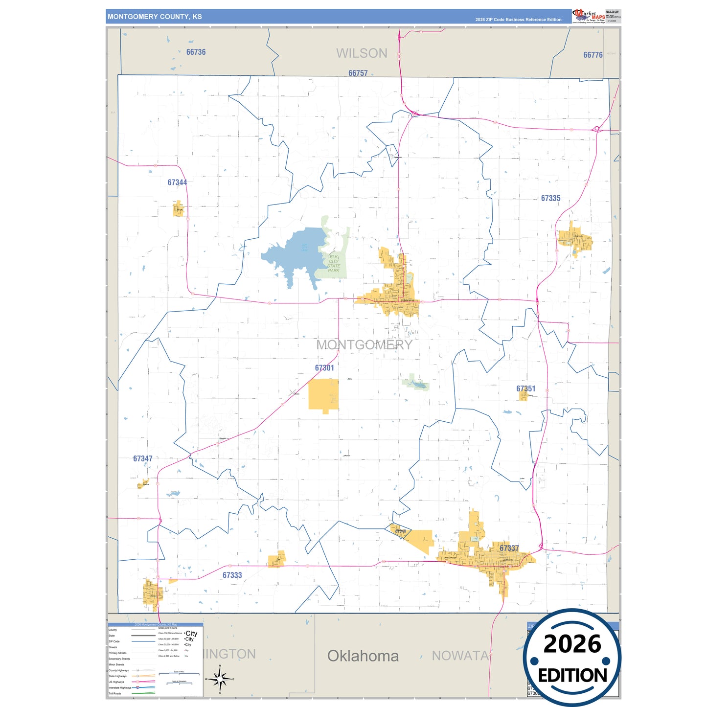 Montgomery County, KS Business Reference 5 Digit ZIP Code Wall Map