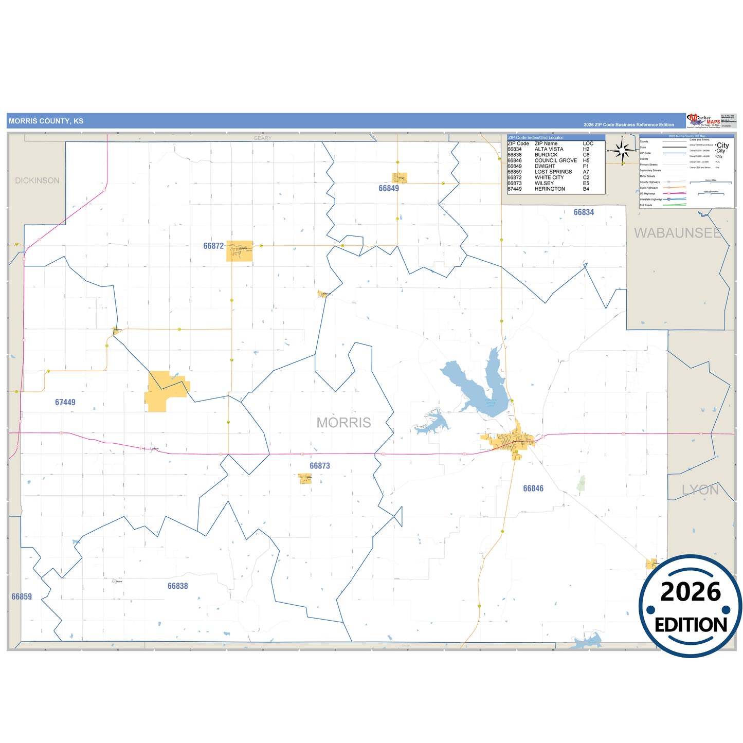 Morris County, KS Business Reference 5 Digit ZIP Code Wall Map