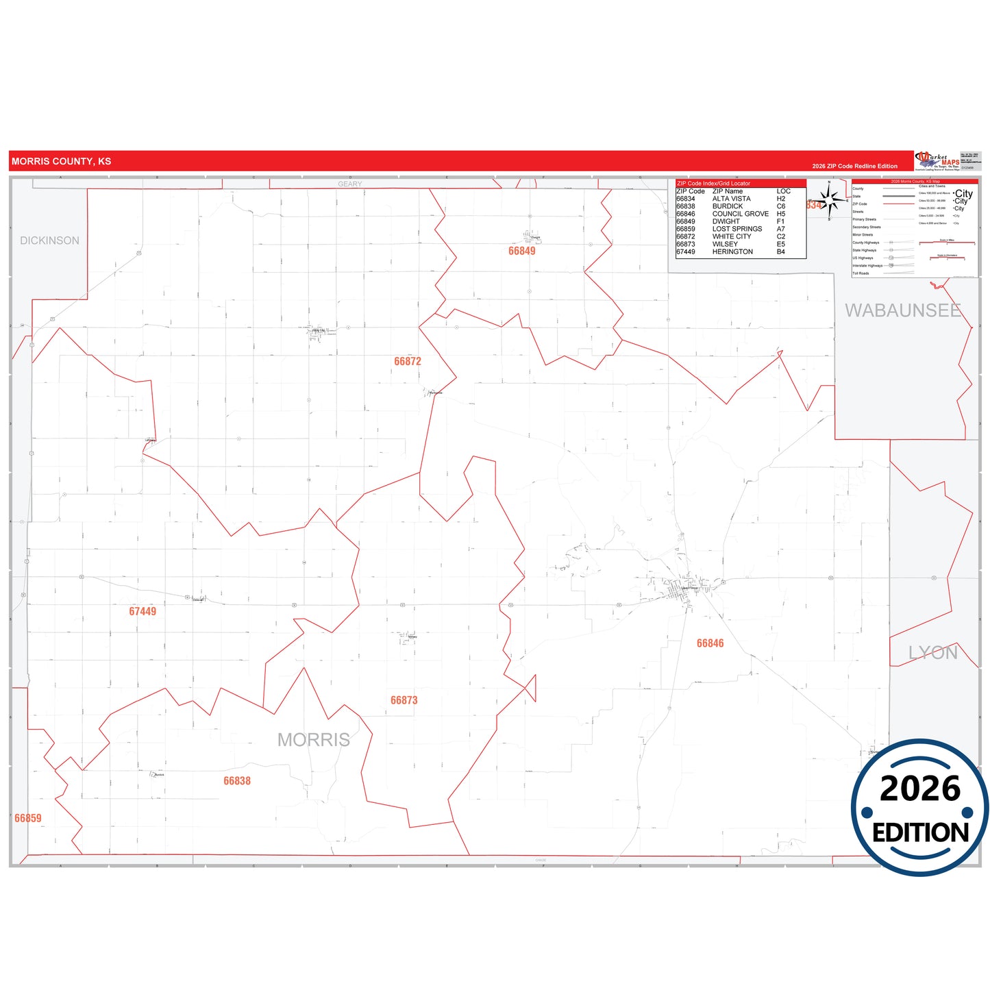Morris County, KS Red Line 5 Digit ZIP Code Wall Map