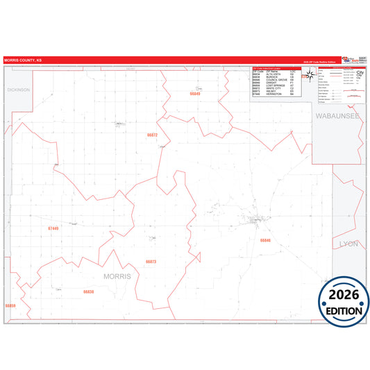 Morris County, KS Red Line 5 Digit ZIP Code Wall Map