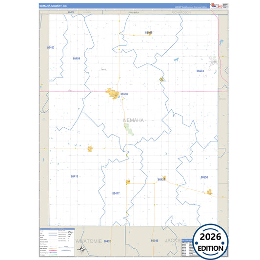 Nemaha County, KS Business Reference 5 Digit ZIP Code Wall Map