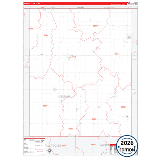 Nemaha County, KS Red Line 5 Digit ZIP Code Wall Map