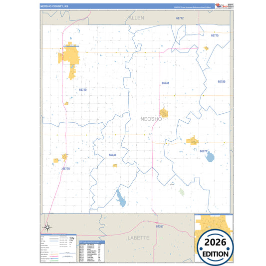 Neosho County, KS Business Reference 5 Digit ZIP Code Wall Map