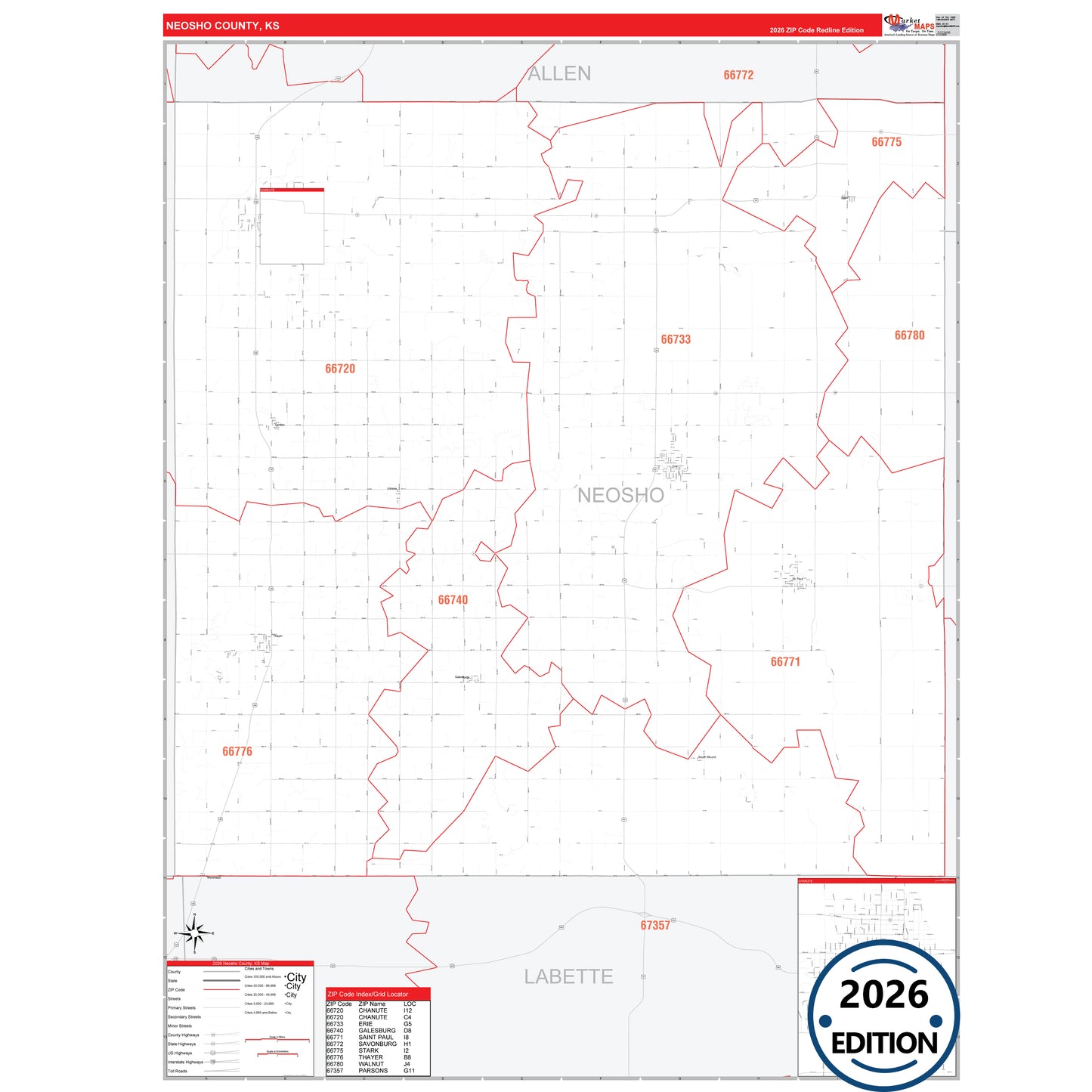Neosho County, KS Red Line 5 Digit ZIP Code Wall Map